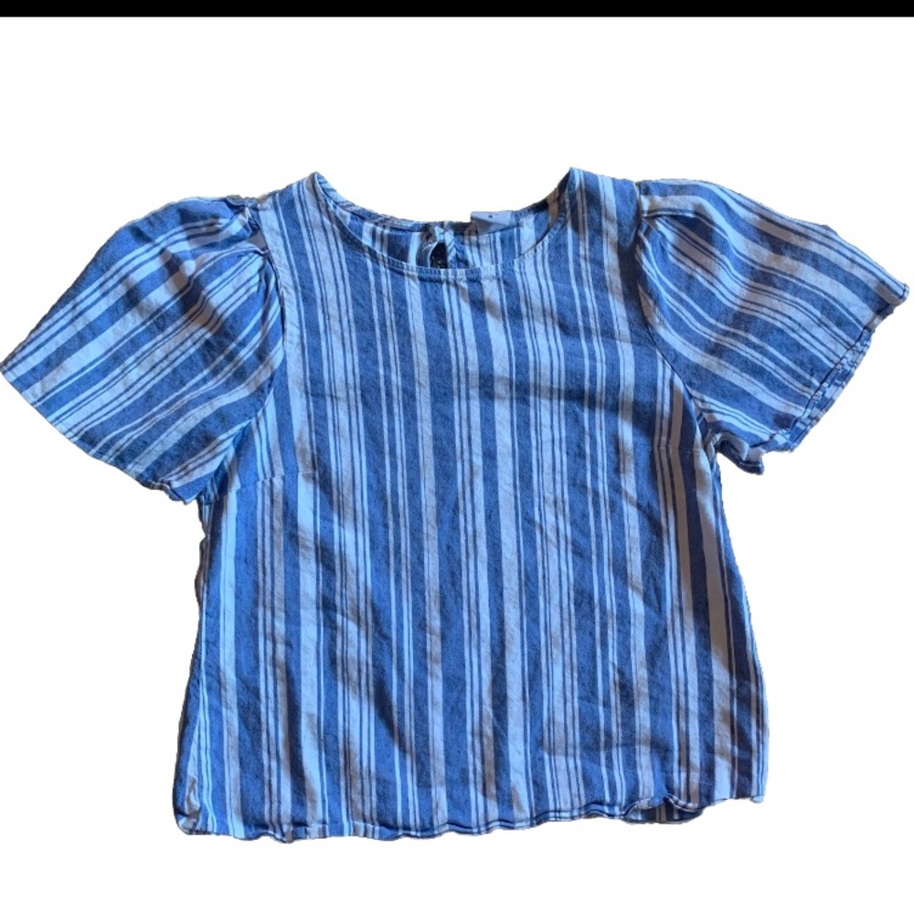 CAbi #5343 Womens Linen Blend Wing Top Blouse Medium Blue Striped Short Sleeve